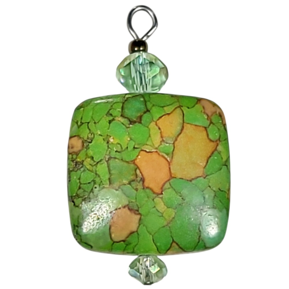 Green Orange Faux Sea Sediment Stone Pendant Square Mosaic Charm Boho Statement
